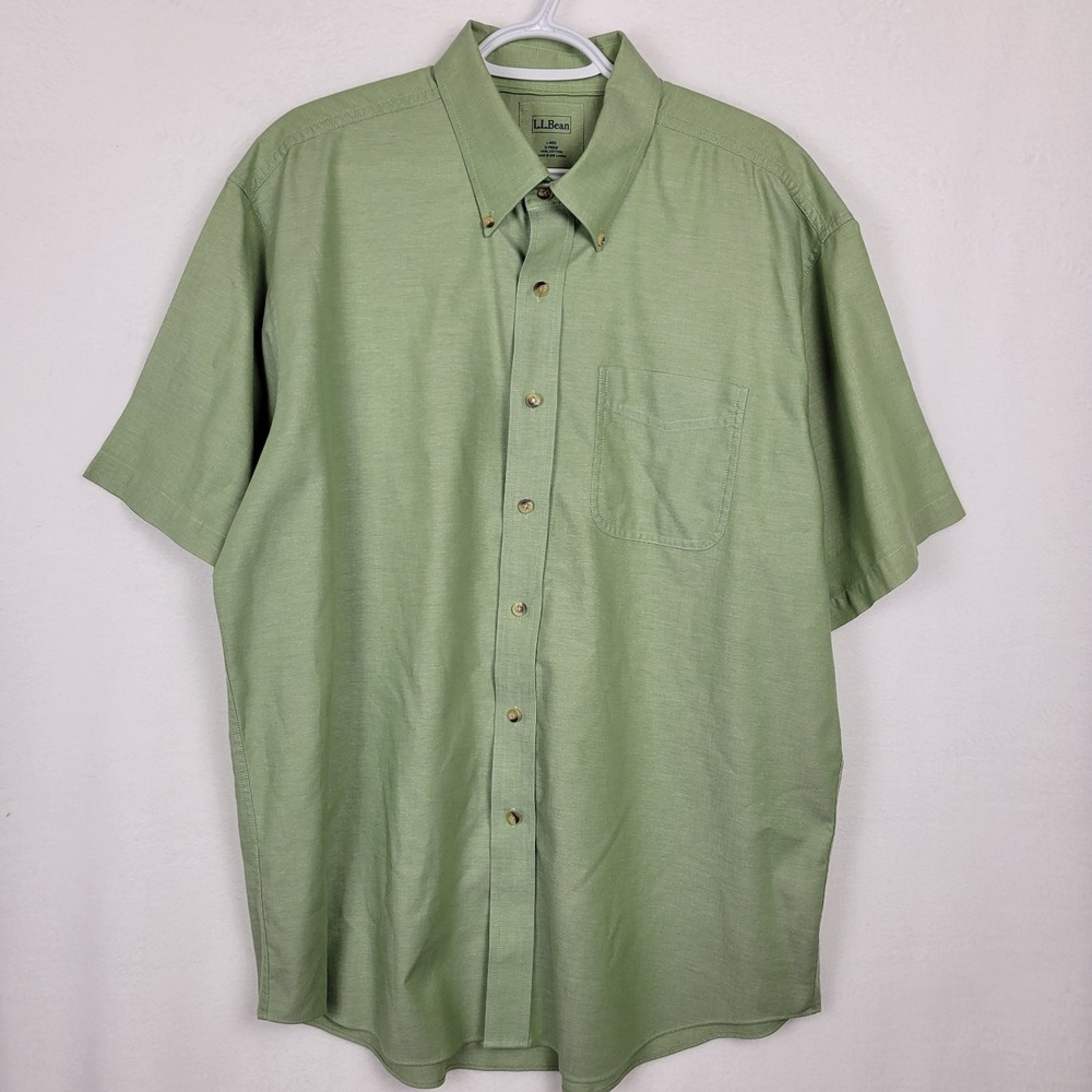 LL Bean Mens Large Green Short Sleeve Button Down Shirt 100% Cotton Casual L